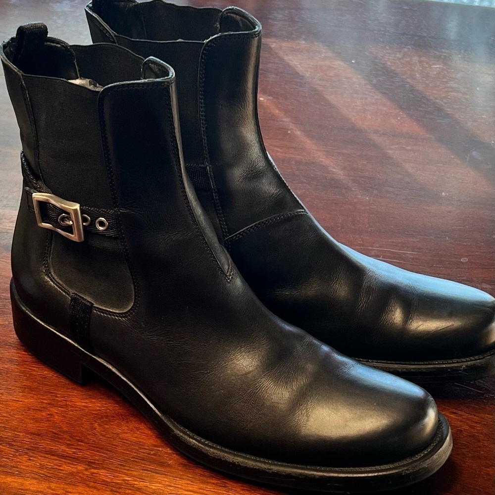 GUVC Authentic Prada Linea Rossa Men's Black Leather Chelsea Ankle Boots 38.5